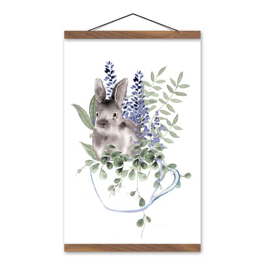 Bunny In Teacup Floral 12" x 18" Teak Hanging Canvas